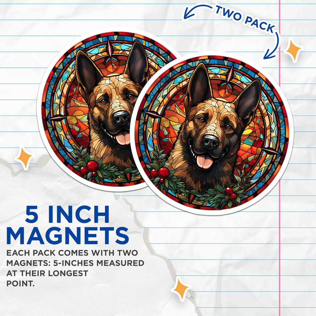 (2 Pack) German Shepherd Magnets - Vibrant Stained Glass Dog Art Design - Holiday Canine Pet Decor for Fridge - 5 Inches On Longest Side - Thick Durable Magnet - Made in USA - MAG23370