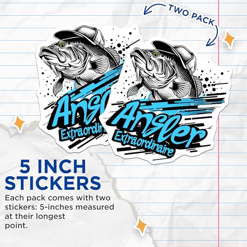 (2 Pack) Angler Extraordinaire Stickers - Fishing Enthusiast Stickers - Fish Lover Decal - 5" On Longest Side - Sticks to Any Smooth Flat Surface - Made in USA - BMCS3350