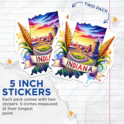 (2 Pack) Indiana State Stickers - Colorful Indiana Skyline Decal - Indiana Souvenir Stickers - 5" On Longest Side - Sticks to Smooth Flat Surfaces - Made in USA - BMCS7013
