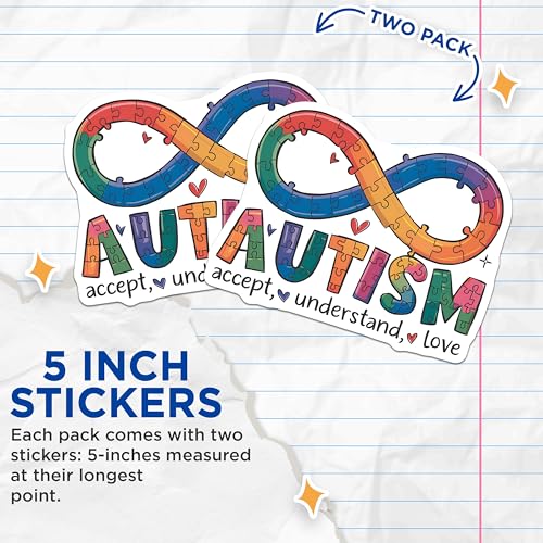 (2 Pack) Autism Awareness Stickers - Accept Understand Love - Autism Puzzle Piece Decal - 5" On Longest Side - Sticks to Smooth Flat Surfaces - Made in USA - BMCS9842