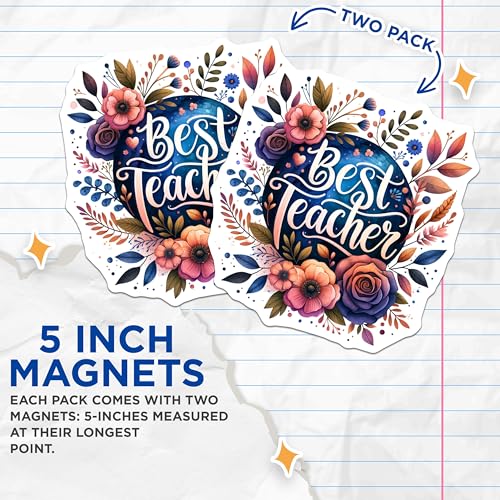 (2 Pack) Best Teacher Magnets - Floral Design - Teacher Appreciation - School - Great for Classroom - Inspirational Magnets - 5" On Longest Side - for Cars, Fridges, Toolboxes - Made in USA - MAG4414
