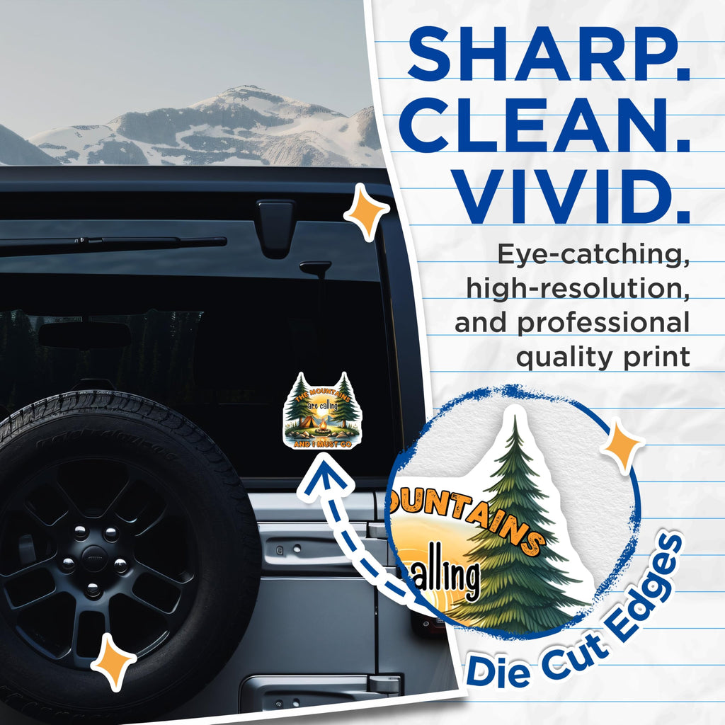 (2 Pack) The Mountains are Calling Stickers - Nature Camping Adventure Stickers - Outdoor Enthusiast Decal - 5" On Longest Side - Sticks to Any Smooth Flat Surface - Made in USA - BMCS3270
