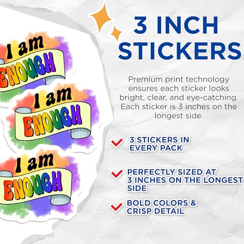 (3 Pack) I Am Enough Decals - Motivational Quote - Rainbow Art Decals - 3 Inches On Longest Side - Easy Peel & Apply - Made in USA - 3MCS7054