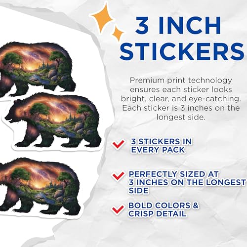 (3 Pack) Bear Landscape Decals - Galaxy Nature Scene - Wildlife Animal Art- 3 Inches On Longest Side - Easy Peel & Apply - Made in USA - 3MCS5979