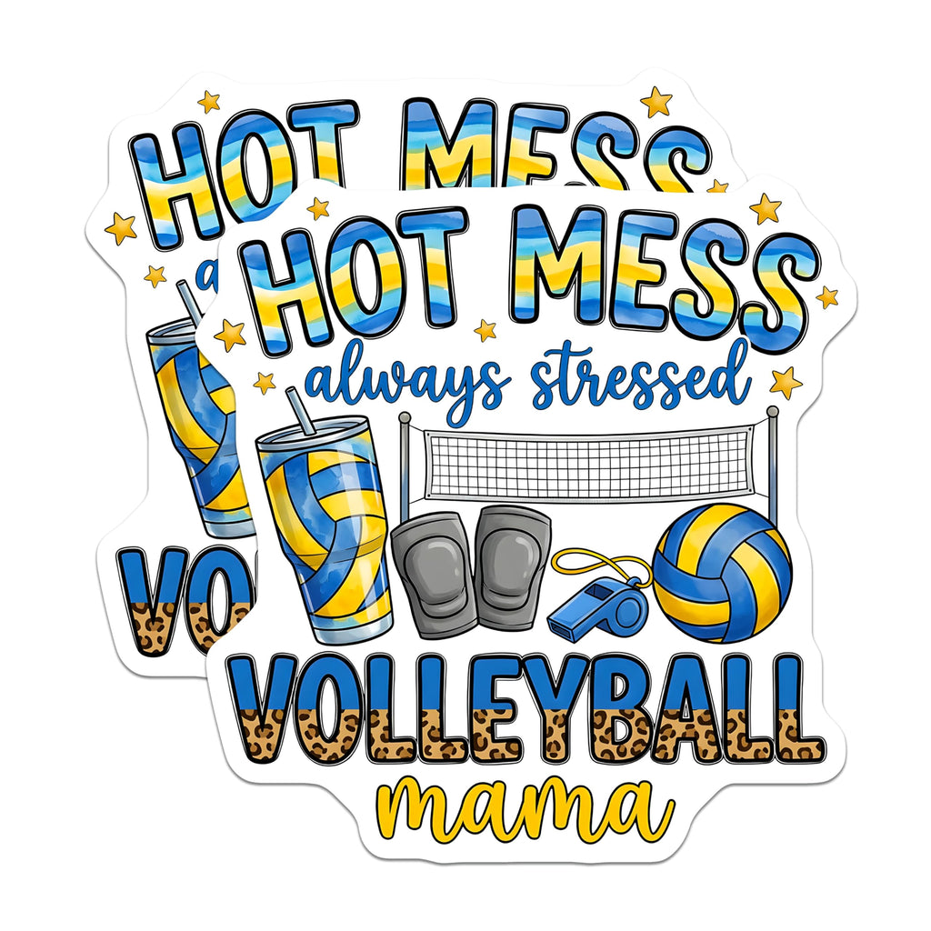 (2 Pack) Hot Mess Volleyball Mama Magnets - Always Stressed Volleyball Mom - Sports Parent Fridge Decal - 5 Inches On Longest Side - Thick Durable Magnet - Made in USA - MAG27248