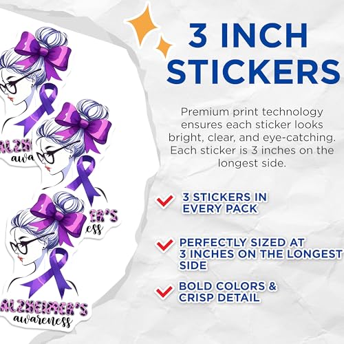 (3 Pack) Alzheimers Awareness Decals - Purple Ribbon Girl - Laptop Decals - 3 Inches On Longest Side - Easy Peel & Apply - Made in USA - 3MCS8559