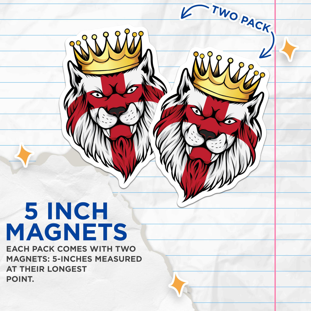 (2 Pack) Patriotic England Lion Head Magnets - St George's Cross Royal Crown Emblem - British National Pride Feline Decor - 5 Inches On Longest Side - Thick Durable Magnet - Made in USA - MAG19360