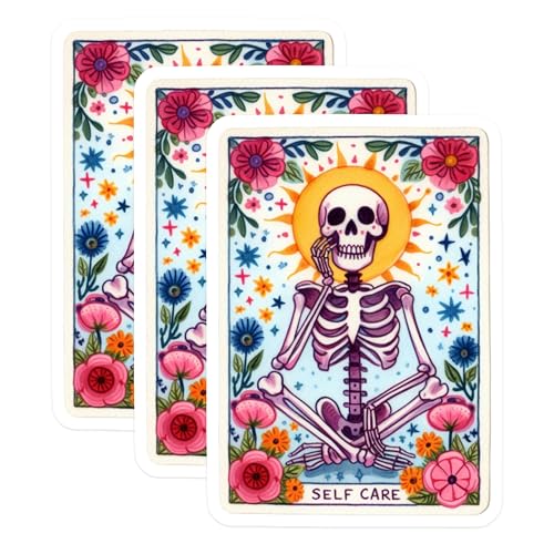 (3 Pack) Self Care Decals - Skeleton Sun - Floral Yoga - Positive Vibes - Laptop Decal - 3 Inches On Longest Side - Easy Peel & Apply - Made in USA - 3MCS8182
