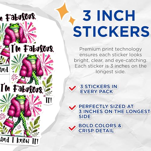 (3 Pack) Fabulous Frog Decals - Funny Animal Decal - Fashionable Frog Laptop Decal - 3 Inches On Longest Side - Easy Peel & Apply - Made in USA - 3MCS6366