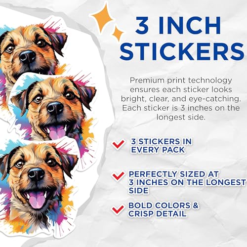 (3 Pack) Border Terrier Decals - Dog Breed Art - Colorful Dog Laptop Decal - 3 Inches On Longest Side - Easy Peel & Apply - Made in USA - 3MCS0662