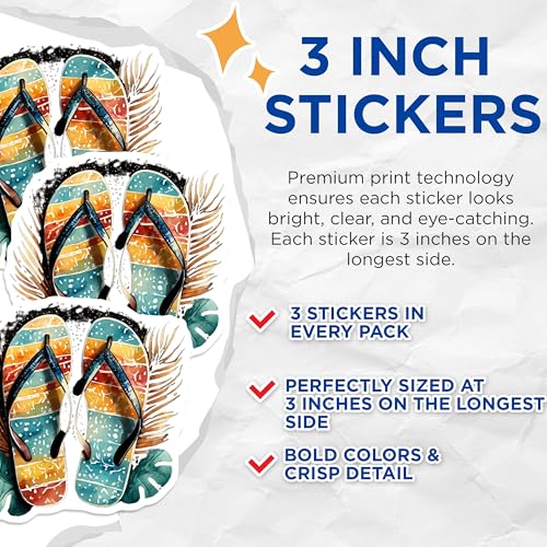 (3 Pack) Flip Flops Decals - Beach Sandals Art - Tropical Palm Leaf Decals - 3 Inches On Longest Side - Easy Peel & Apply - Made in USA - 3MCS8087
