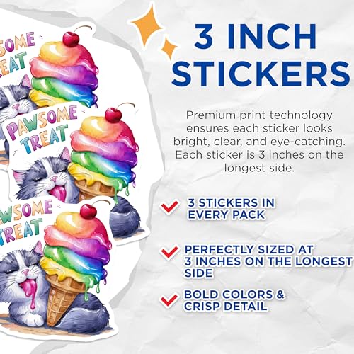 (3 Pack) Cat Ice Cream Decals - Pawsome Treat Sticker - Laptop Decals - 3 Inches On Longest Side - Easy Peel & Apply - Made in USA - 3MCS7813