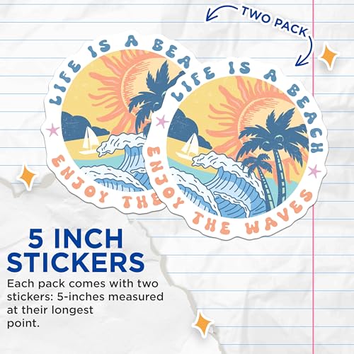 (2 Pack) Life is A Beach Stickers - Enjoy The Waves Stickers - Beach Vibes Decals - Summer Ocean Stickers - 5" On Longest Side - Sticks to Smooth Flat Surfaces - Made in USA - BMCS6992