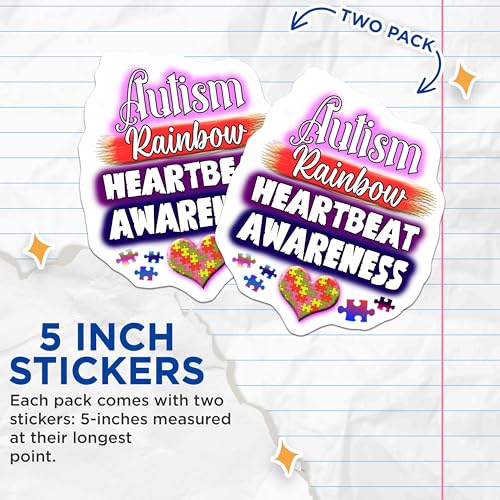 (2 Pack) Autism Rainbow Heartbeat Awareness Stickers - Autism Support - Colorful Heart Puzzle Stickers - 5" On Longest Side - Sticks to Smooth Flat Surfaces - Made in USA - BMCS6581