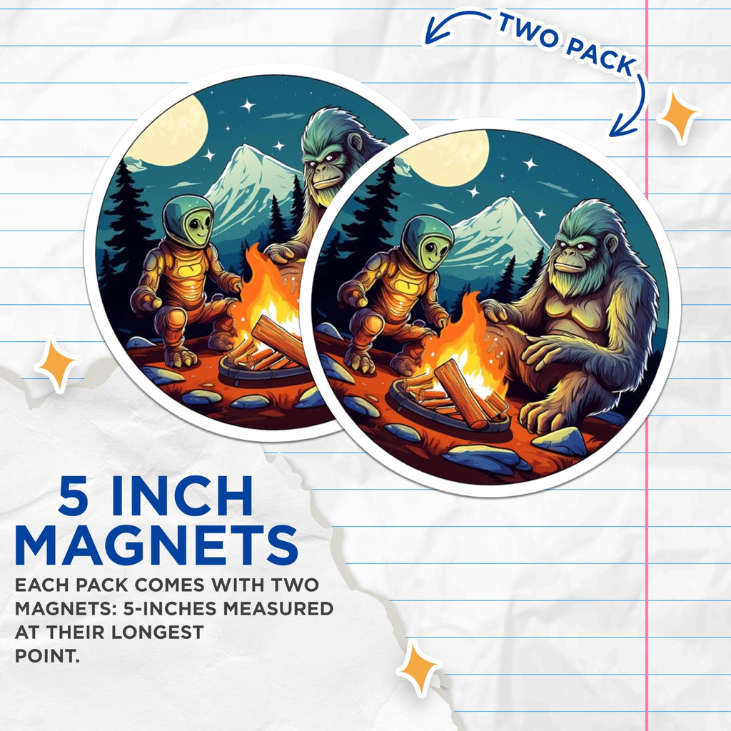 (2 Pack) Alien Bigfoot Magnets - Campfire Night Scene - UFO Sasquatch Cryptid Art - 5 Inches On Longest Side - Thick Durable Magnet - Made in USA - MAG23075