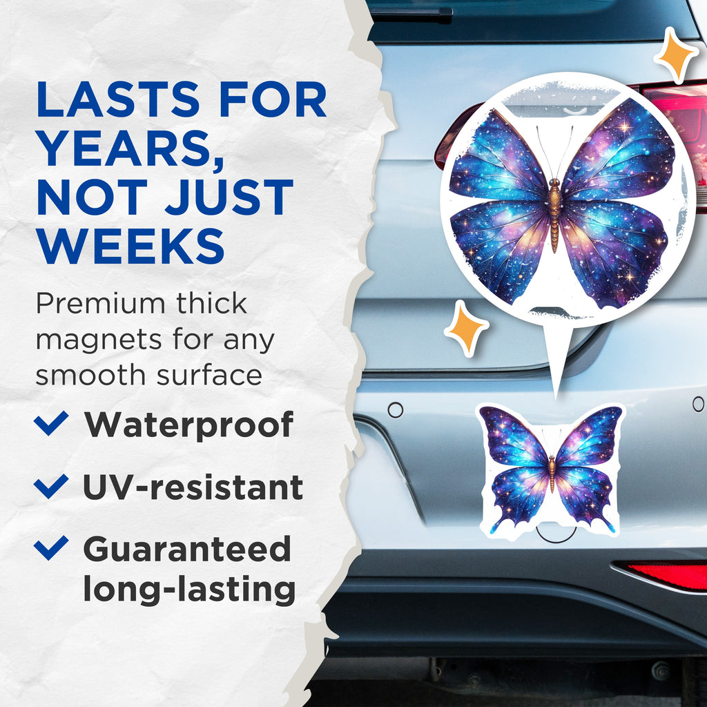 (2 Pack) Galaxy Butterfly Magnets - Celestial Fridge Decor - Cosmic Art Locker Magnet - 5 Inches On Longest Side - Thick Durable Magnet - Made in USA - MAG37270