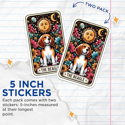(2 Pack) Beagle Dog Stickers - Sun and Moon Stickers - Floral Dog Art Stickers - 5" On Longest Side - Sticks to Smooth Flat Surfaces - Made in USA - BMCS4770