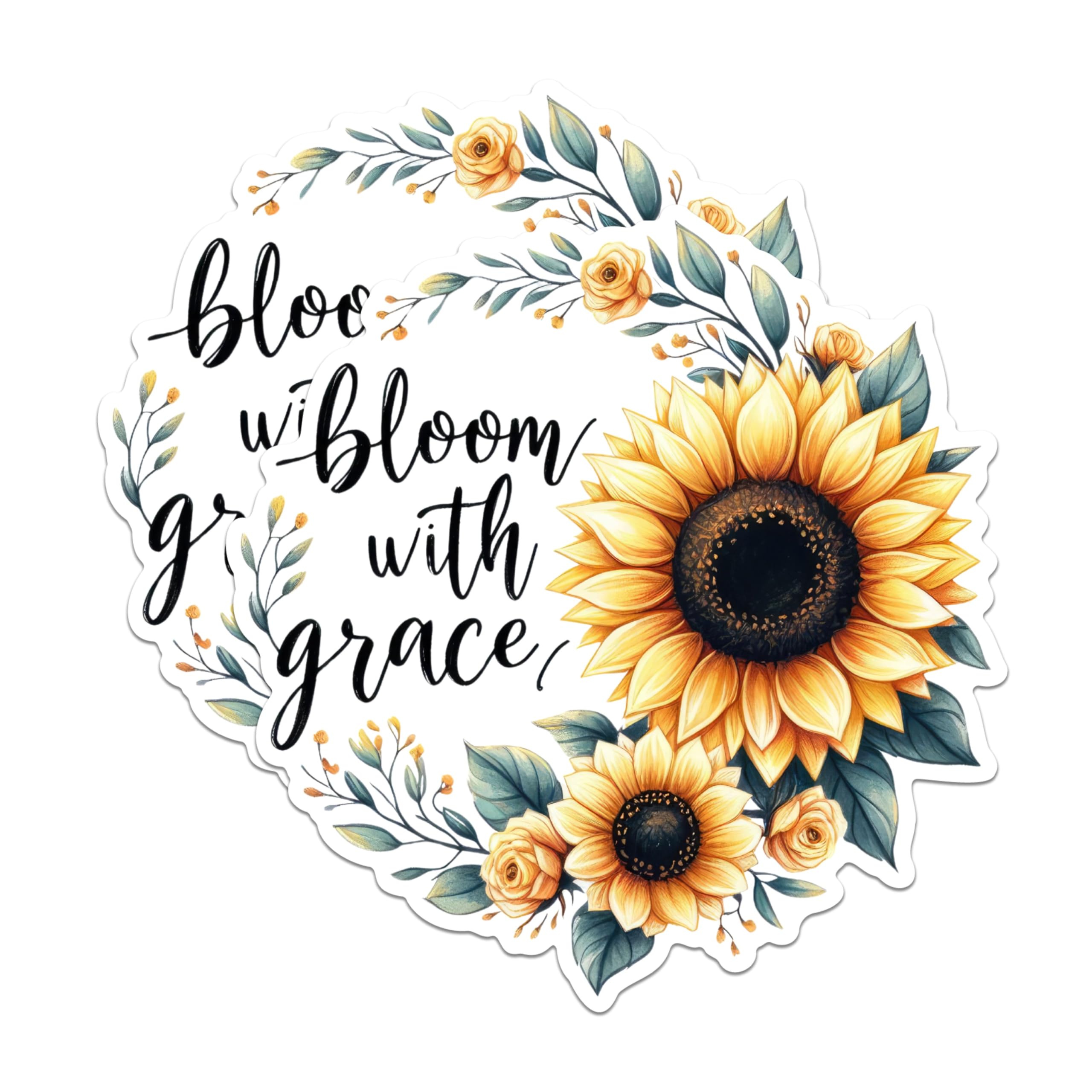 (2 Pack) Inspirational Sunflower Stickers - Bloom with Grace Stickers - Motivational Floral Stickers - 5" On Longest Side - Sticks to Any Smooth Flat Surface - Made in USA - BMCS2901