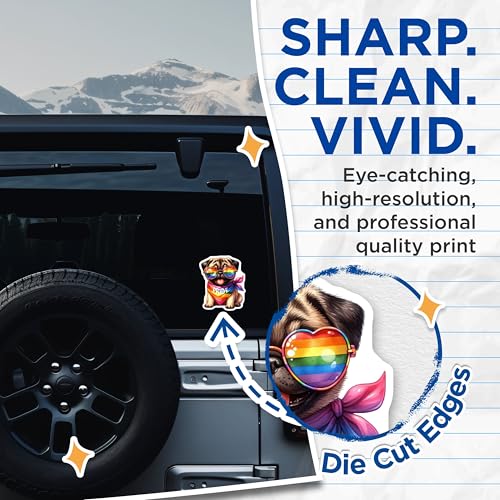 (2 Pack) Pride Pug Stickers - Cute Pug with Sunglasses - Rainbow Dog Decal - LGBTQIA+ Pride - 5" On Longest Side - Sticks to Smooth Flat Surfaces - Made in USA - BMCS7265