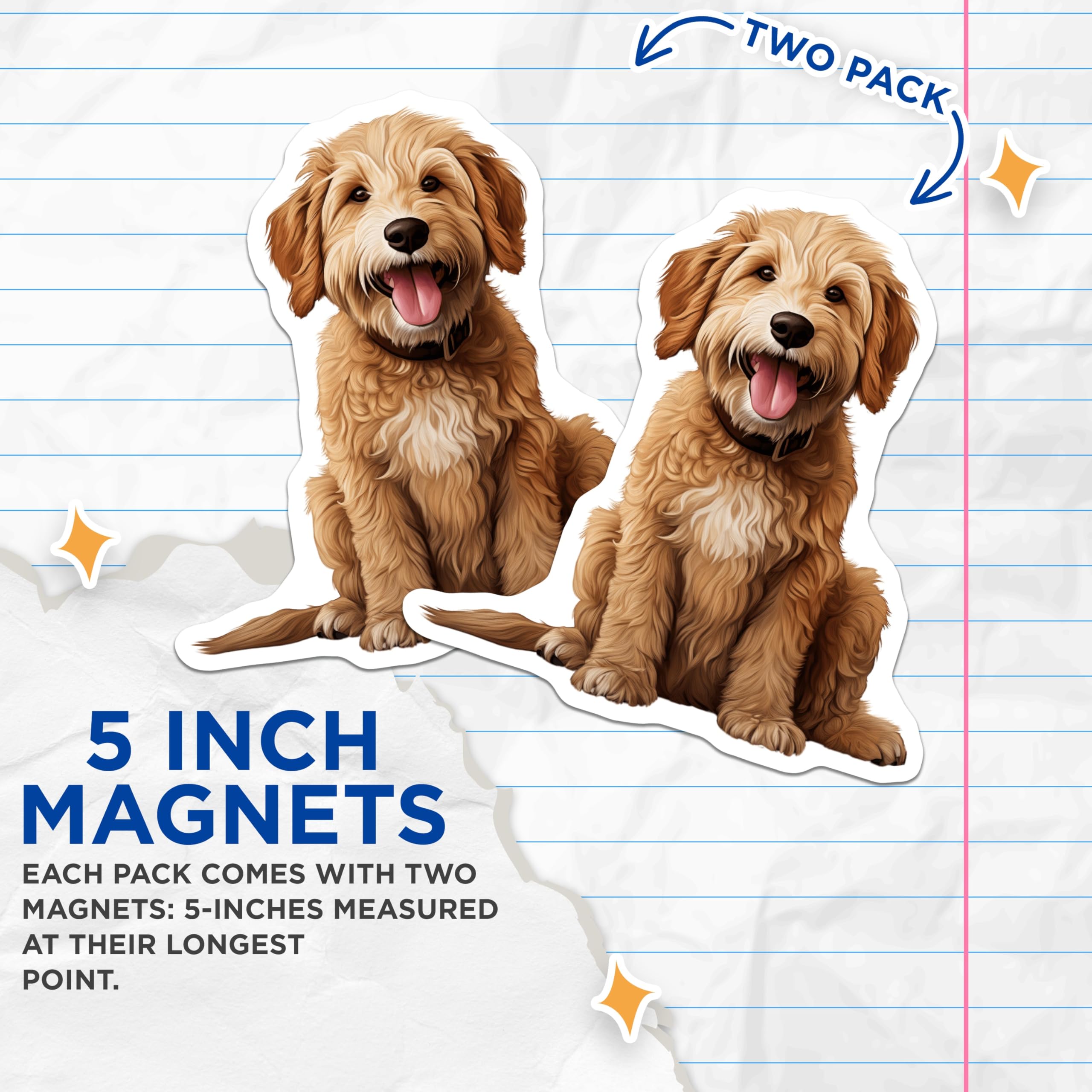 (2 Pack) Goldendoodle Dog Magnets - Happy Puppy Pet Lover Decor - Animal Refrigerator Locker Accessory - 5 Inches On Longest Side - Thick Durable Magnet - Made in USA - MAG30358