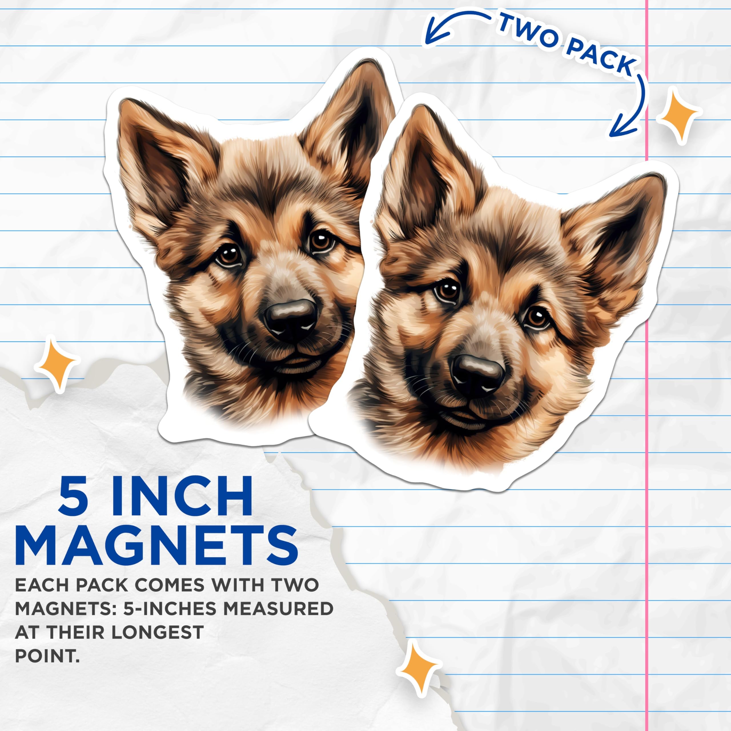 (2 Pack) German Shepherd Puppy Magnets - Adorable Dog Lover Decor - Pet Parent Kitchen Appliance - 5 Inches On Longest Side - Thick Durable Magnet - Made in USA - MAG29922
