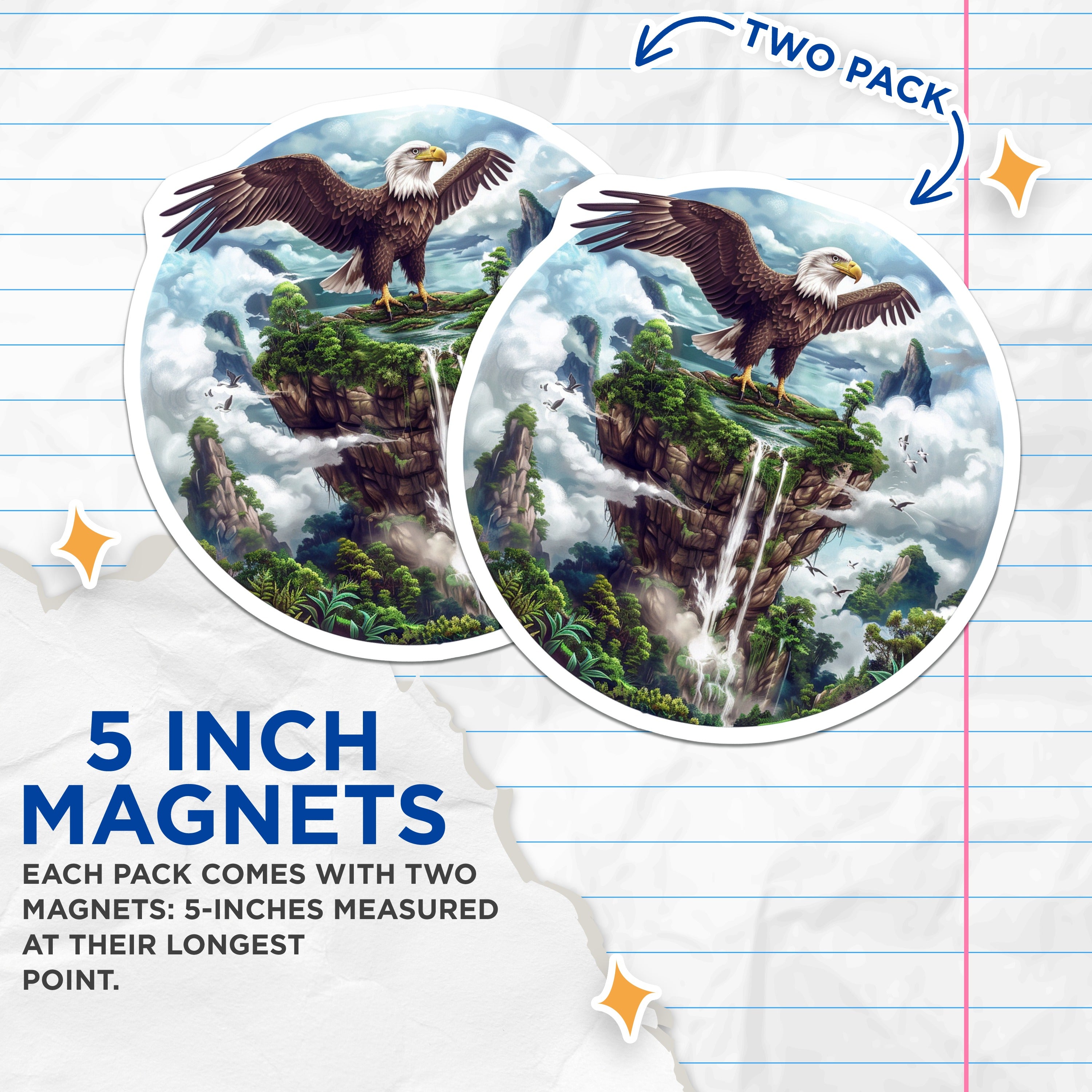 (2 Pack) Bald Eagle Magnets - Fantasy Island Waterfall Scene - Majestic Wildlife Cloud Landscape Art Decor - 5 Inches On Longest Side - Thick Durable Magnet - Made in USA - MAG38646