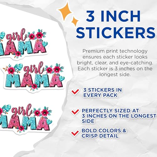 (3 Pack) Girl Mama Decals - Floral Mom Stickers - Heart Mom Life Decals - 3 Inches On Longest Side - Easy Peel & Apply - Made in USA - 3MCS6950