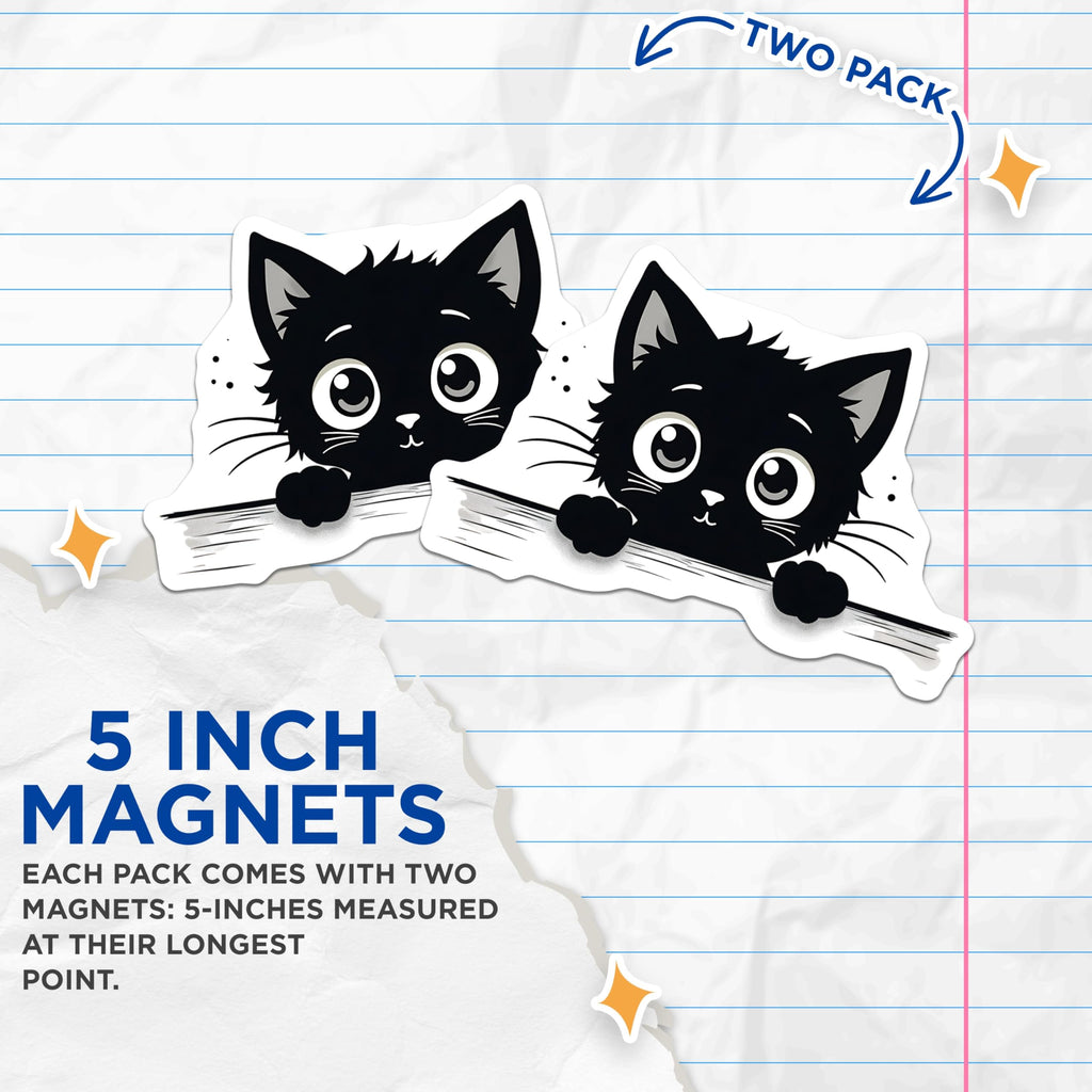 (2 Pack) Black Cat Magnets - Cute Kitten Fridge Decor - Cartoon Animal Cat Lover Gifts - 5" On Longest Side - Premium Magnet - for Cars, Refrigerators, Toolboxes, Lockers - Made in USA - MAG14801