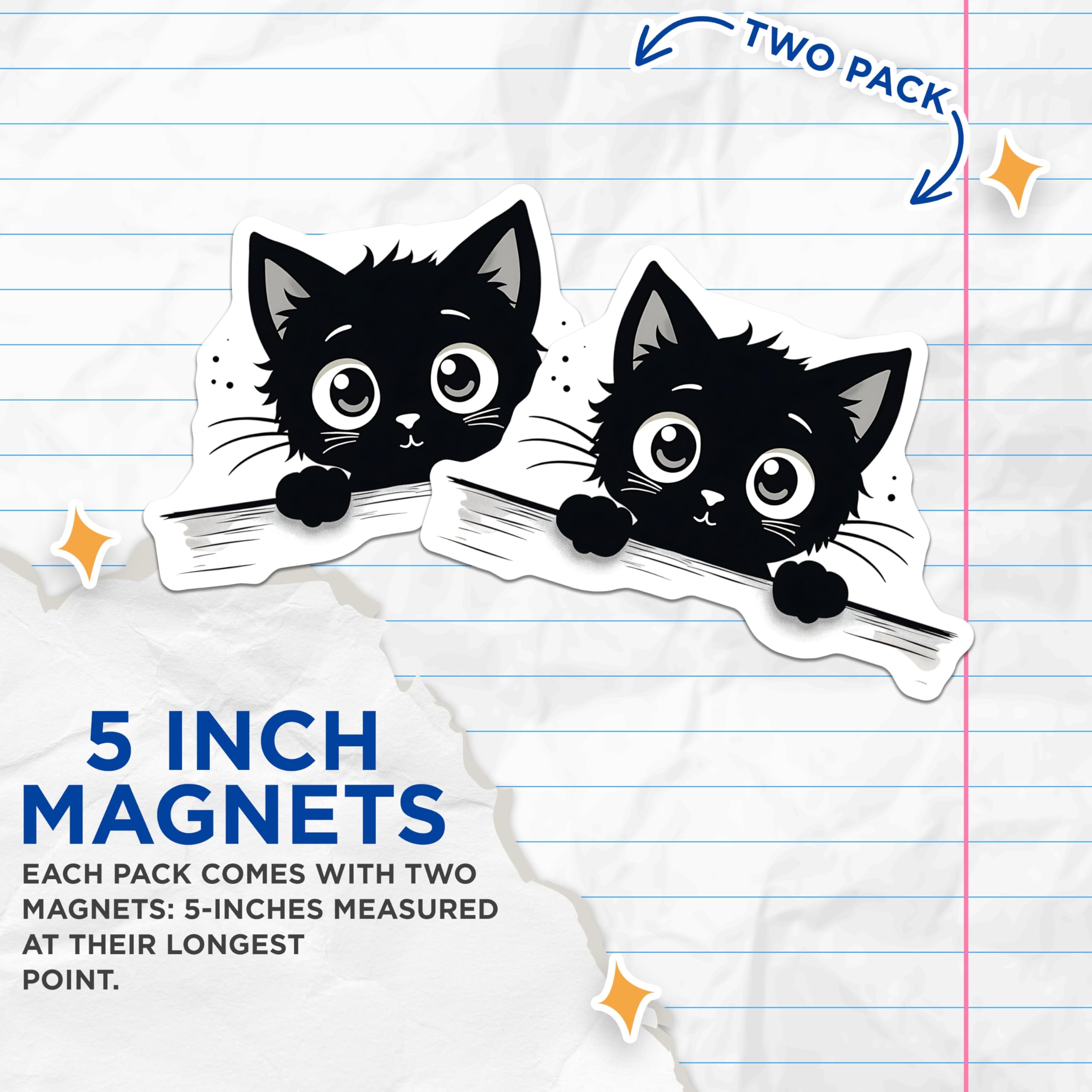 (2 Pack) Black Cat Magnets - Cute Kitten Fridge Decor - Cartoon Animal Cat Lover Gifts - 5" On Longest Side - Premium Magnet - for Cars, Refrigerators, Toolboxes, Lockers - Made in USA - MAG14801