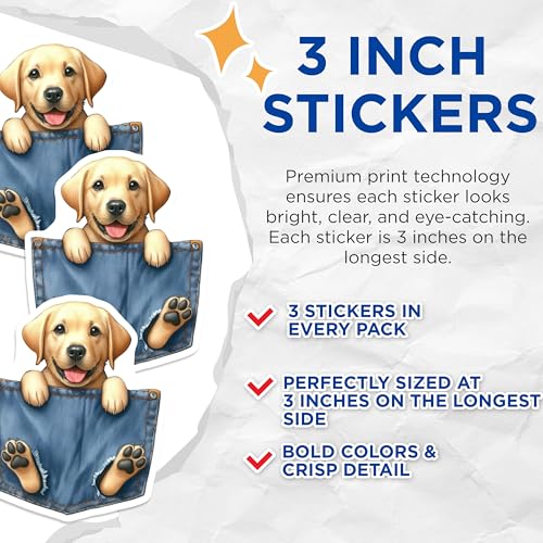 (3 Pack) Golden Retriever Decals - Cute Puppy Stickers - Laptop Decal - 3 Inches On Longest Side - Easy Peel & Apply - Made in USA - 3MCS2892