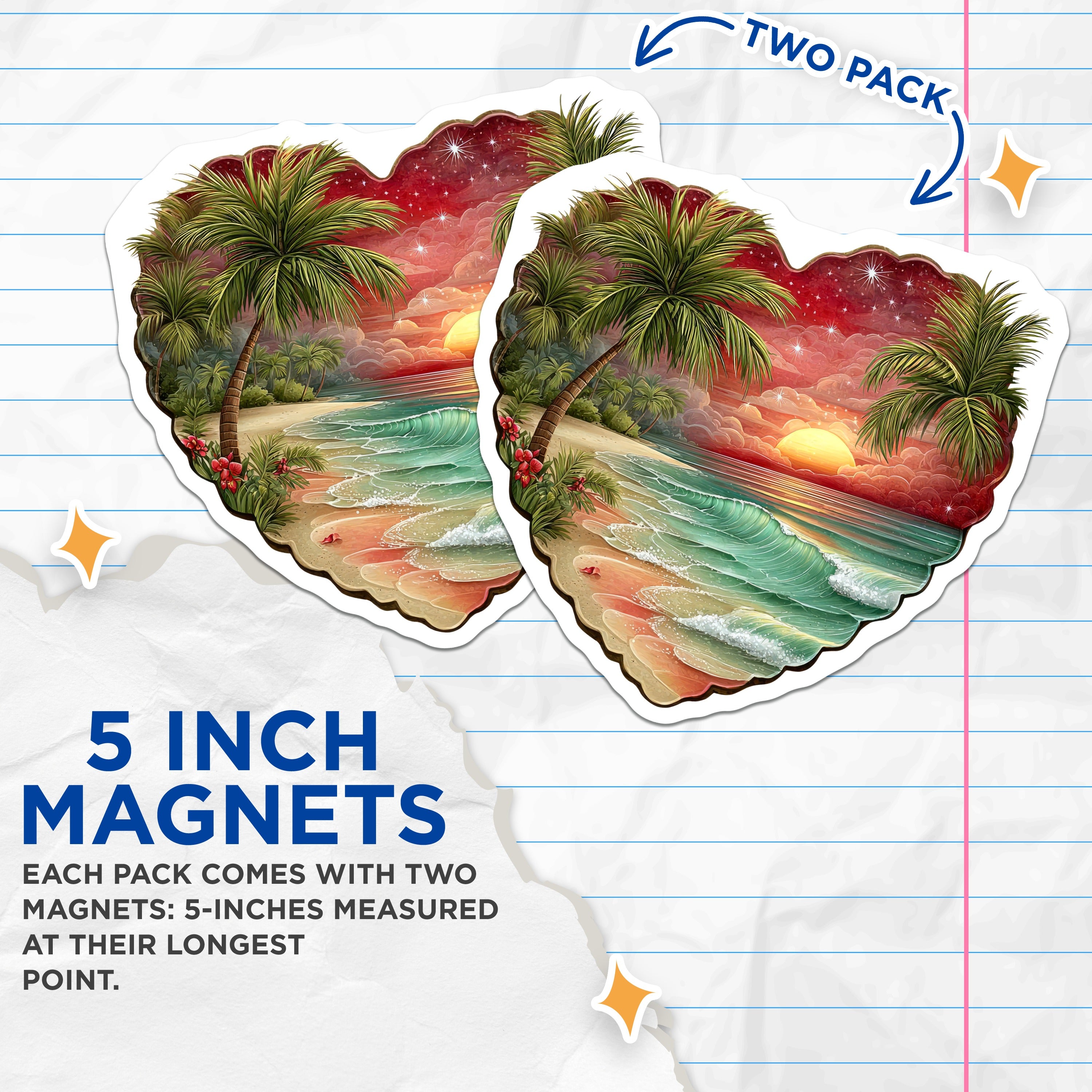 (2 Pack) Tropical Sunset Beach Magnets - Heart Palm Tree Ocean Aesthetic - Vacation Paradise Home Decor - 5 Inches On Longest Side - Thick Durable Magnet - Made in USA - MAG38050