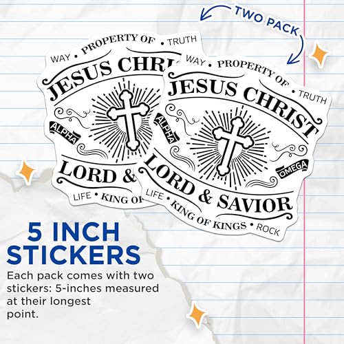 (2 Pack) Jesus Christ Lord and Savior Stickers - 5" On Longest Side - Sticks to Smooth Flat Surfaces - Made in USA - BMCS9157 - BMCS9157