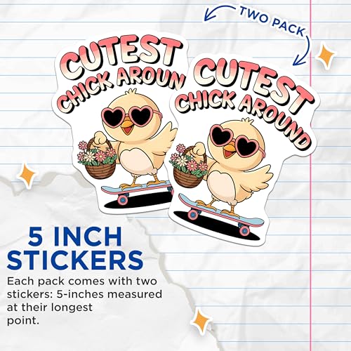 (2 Pack) Cutest Chick Around Stickers - Cute Chick Stickers - Fun Bird Stickers for Kids and Animal Lovers - 5" On Longest Side - Sticks to Smooth Flat Surfaces - Made in USA - BMCS3882