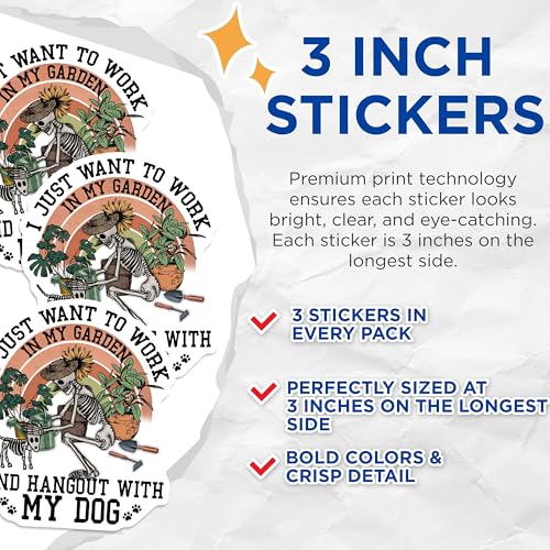 (3 Pack) Gardener Skeleton Decals - Dog Lover - Garden Work - 3 Inches On Longest Side - Easy Peel & Apply - Made in USA - 3MCS2953