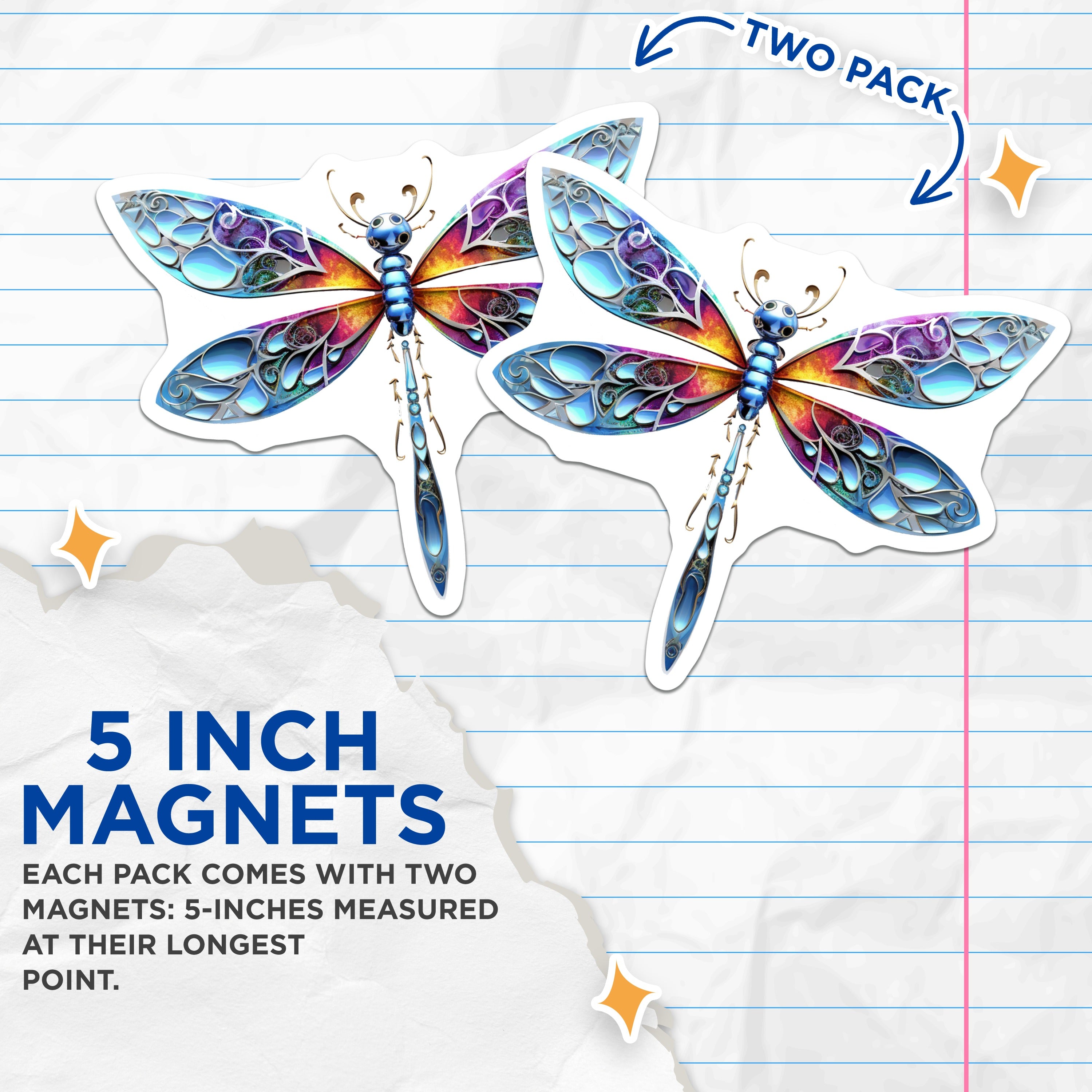 (2 Pack) Stained Glass Dragonfly Magnets - Fantasy Insect Decor - Vibrant Art Nouveau Art - 5 Inches On Longest Side - Thick Durable Magnet - Made in USA - MAG37629
