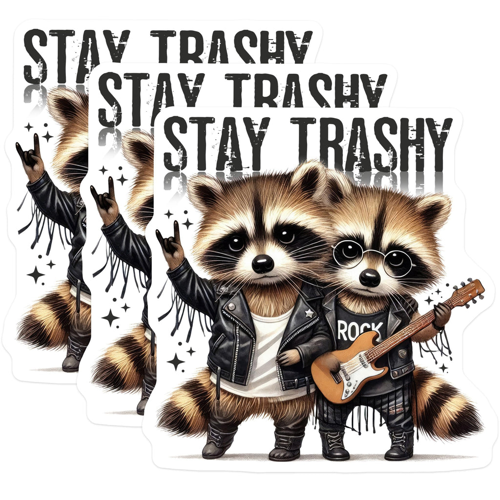 (3 Pack) Rocker Raccoon Decals - Stay Trashy - Funny Animal Stickers - 3 Inches On Longest Side - Easy Peel & Apply - Made in USA - 3MCS4096