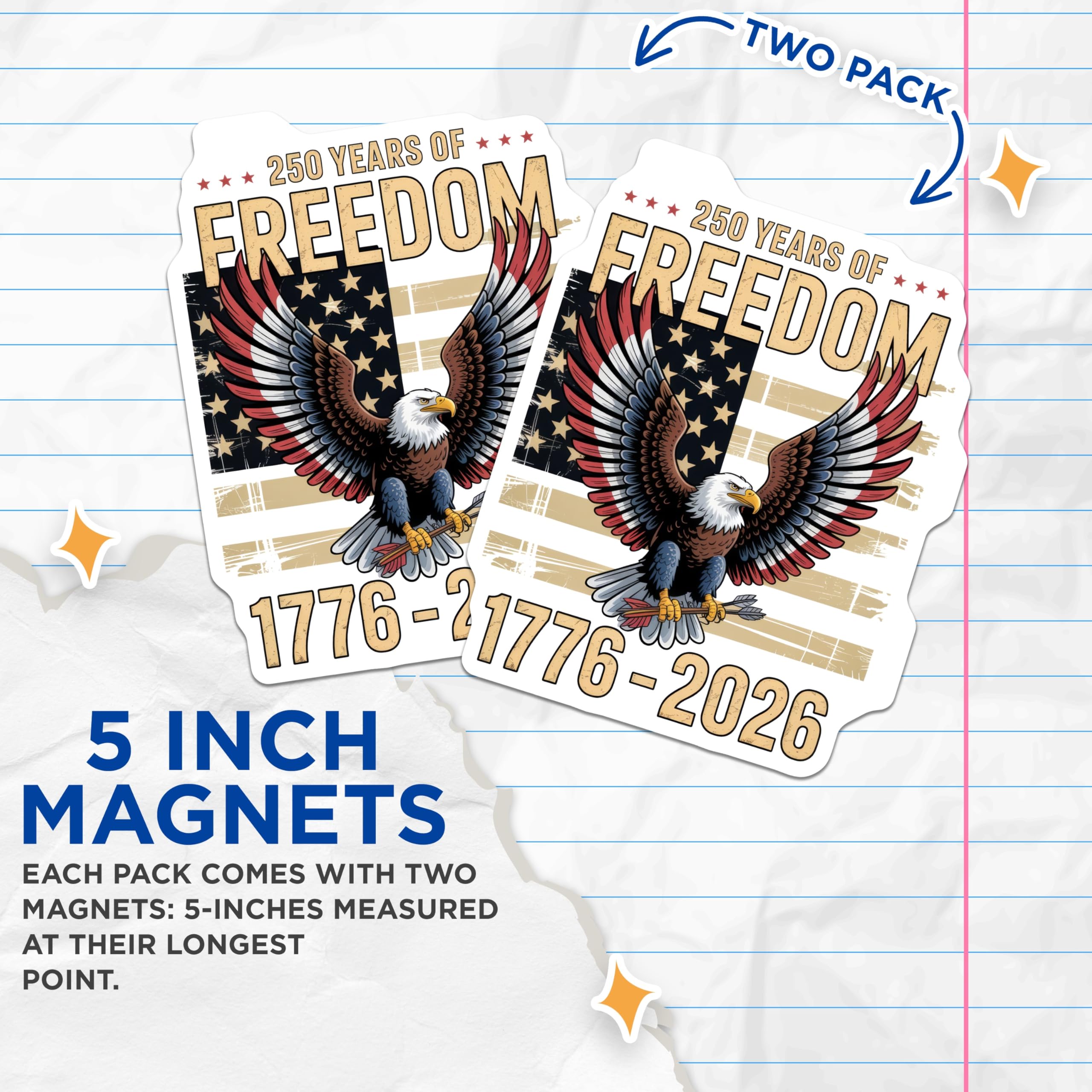 (2 Pack) American Freedom Magnets - USA Eagle - Patriotic 250 Years Celebration - 5" On Longest Side - Premium Magnet - for Cars, Refrigerators, Toolboxes, Lockers - Made in USA - MAG14020
