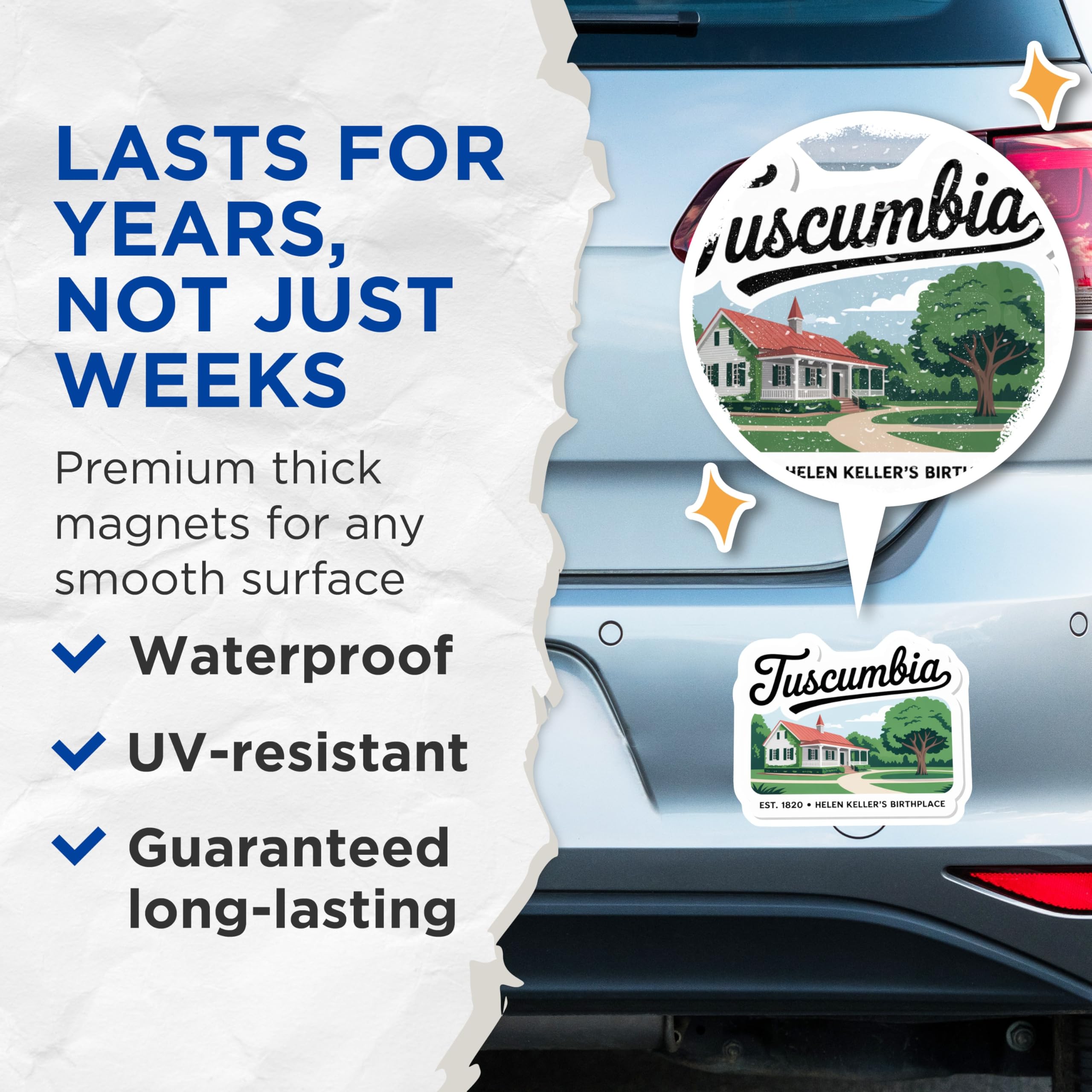 (2 Pack) Tuscumbia Alabama Magnets - Helen Keller Birthplace - Alabama Souvenir Magnet - 5" On Longest Side - Premium Magnet - for Cars, Refrigerators, Toolboxes, Lockers - Made in USA - MAG17200