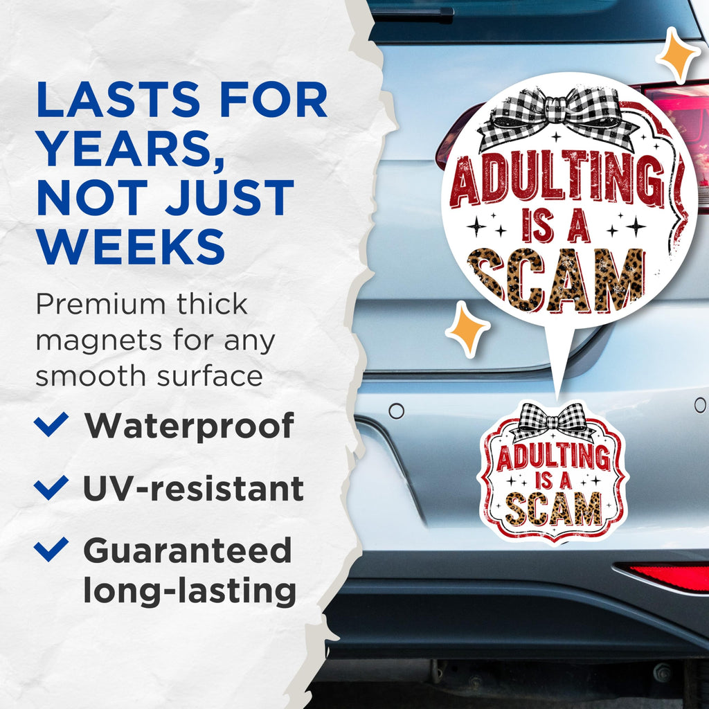 (2 Pack) Adulting is A Scam Magnets - Funny Adulting Humor - Sarcastic Life Quote Decor - 5 Inches On Longest Side - Thick Durable Magnet - Made in USA - MAG19060