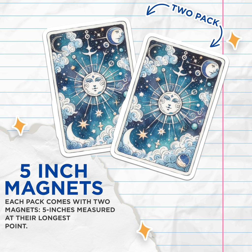 (2 Pack) Sun and Moon Tarot Magnets - Celestial Fridge Décor - Witchy Room Essentials - 5" On Longest Side - Premium Magnet - for Cars, Refrigerators, Toolboxes, Lockers - Made in USA - MAG16400