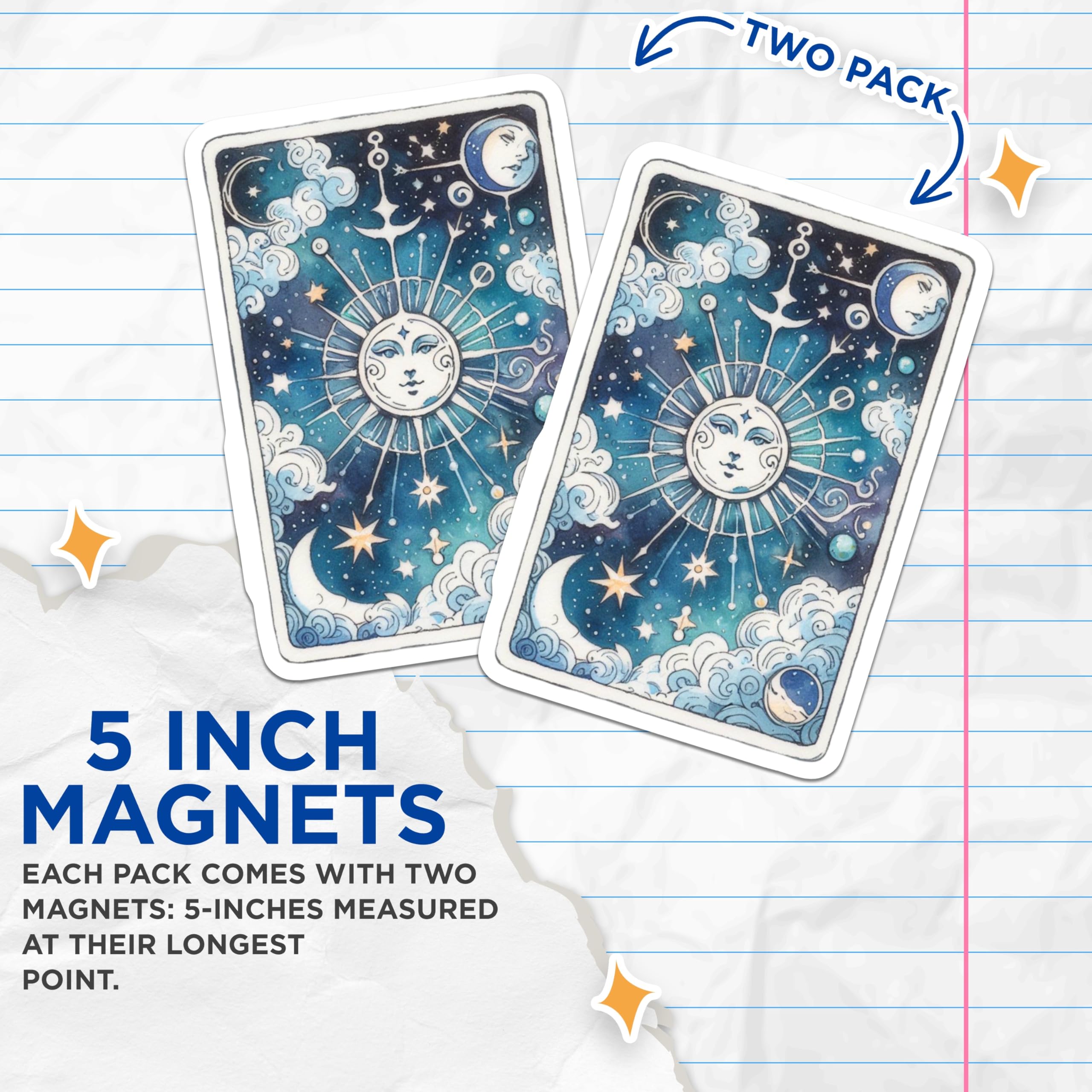 (2 Pack) Sun and Moon Tarot Magnets - Celestial Fridge Décor - Witchy Room Essentials - 5" On Longest Side - Premium Magnet - for Cars, Refrigerators, Toolboxes, Lockers - Made in USA - MAG16400