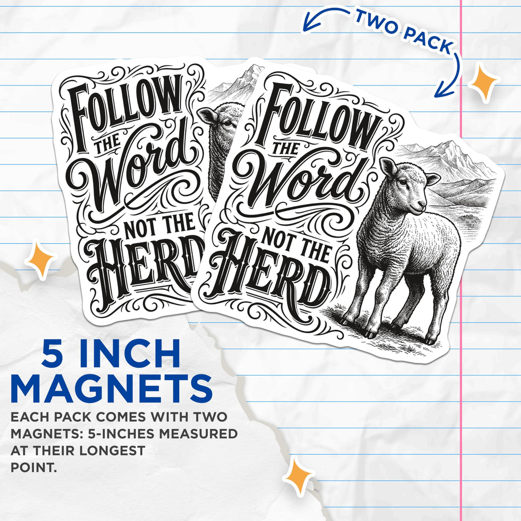 (2 Pack) Sheep Magnets - Follow Word Not Herd - Inspirational Fridge Decor - 5" On Longest Side - Premium Magnet - for Cars, Refrigerators, Toolboxes, Lockers - Made in USA - MAG14090