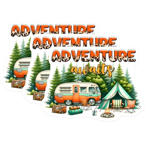 (3 Pack) Adventure Awaits Decals - Camping Camper Stickers - Laptop Decal - 3 Inches On Longest Side - Easy Peel & Apply - Made in USA - 3MCS2051