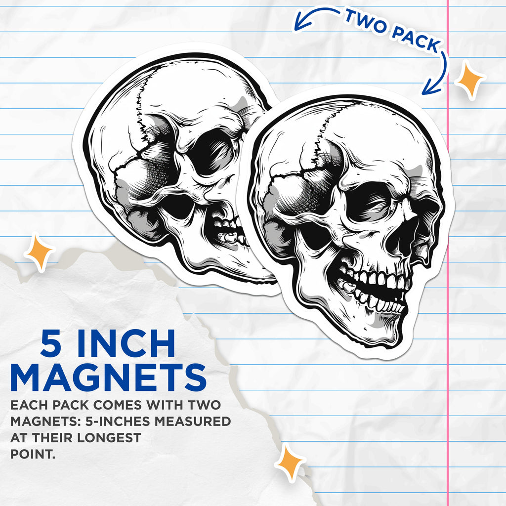 (2 Pack) Skull Head Magnets - Gothic Alternative Decor - Edgy Macabre Art Refrigerator Locker - 5 Inches On Longest Side - Thick Durable Magnet - Made in USA - MAG37655