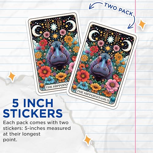 (2 Pack) Hippopotamus Stickers - Floral Hippopotamus Art Stickers - Nursery Art - Cute Animal Stickers - 5" On Longest Side - Sticks to Smooth Flat Surfaces - Made in USA - BMCS4467