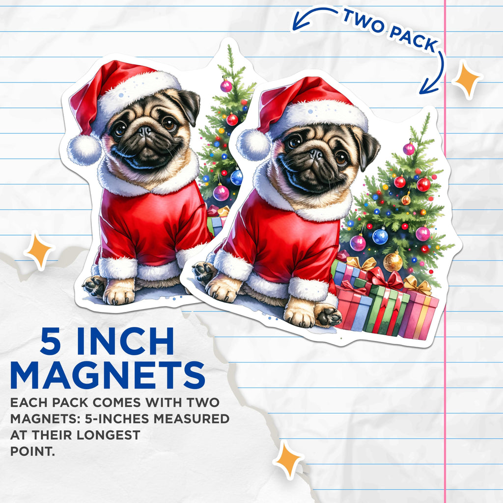 (2 Pack) Santa Pug Christmas Magnets - Cute Dog Holiday Decor - Pet Lover Refrigerator Accessory - 5 Inches On Longest Side - Thick Durable Magnet - Made in USA - MAG30117