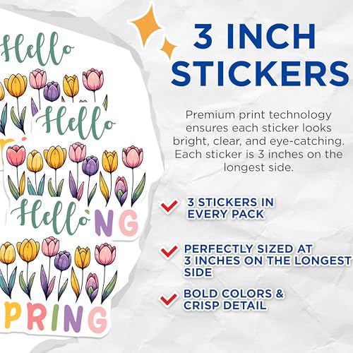 (3 Pack) Hello Spring Decals - Floral Laptop Decal - Tulip Stickers - 3 Inches On Longest Side - Easy Peel & Apply - Made in USA - 3MCS6773