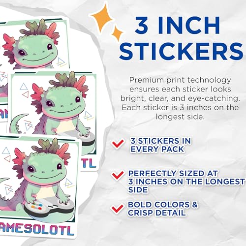 (3 Pack) Axolotl Gamer Decals - Cute Amphibian - Gaming Laptop Stickers - 3 Inches On Longest Side - Easy Peel & Apply - Made in USA - 3MCS6557