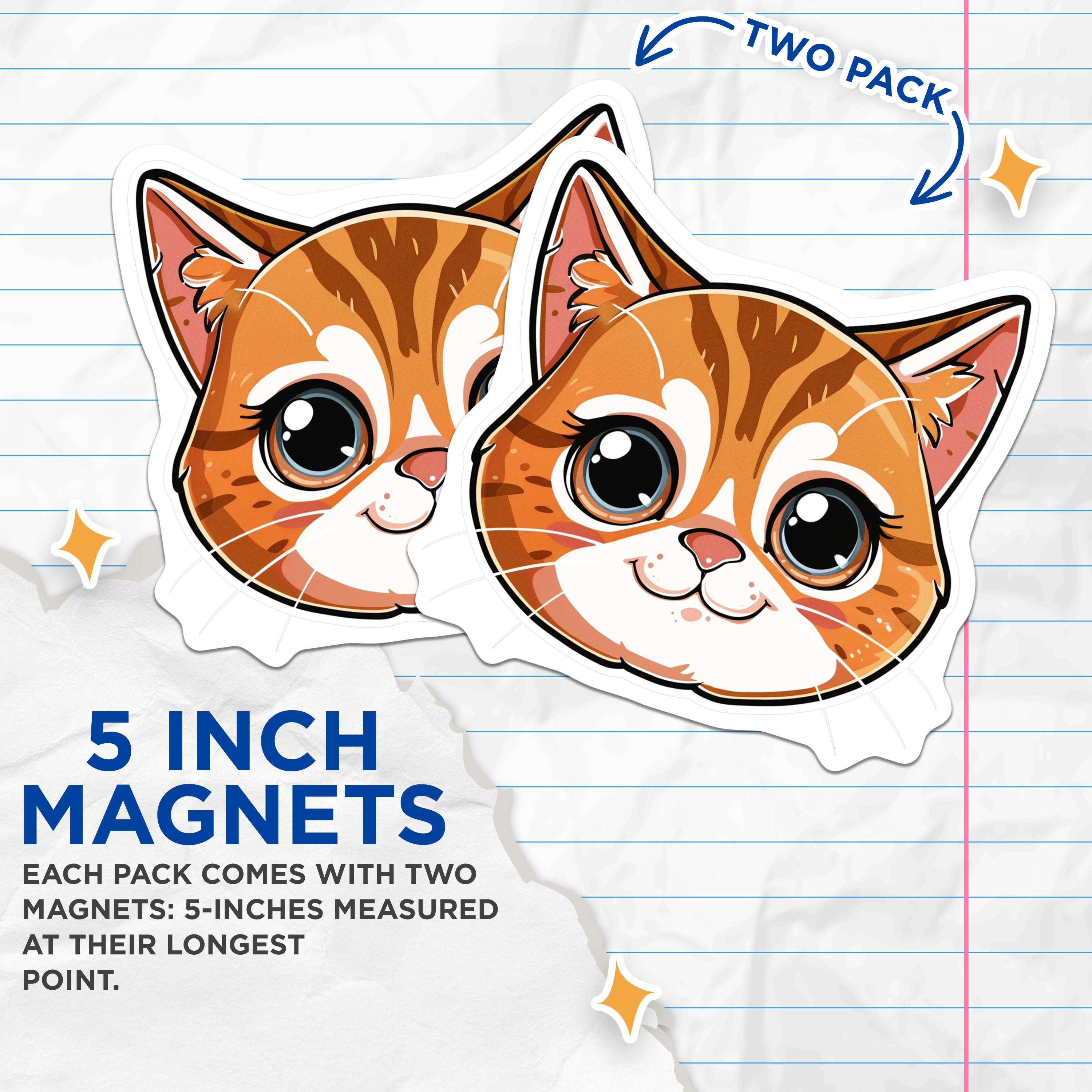 (2 Pack) Cute Orange Tabby Cat Magnets - Kawaii Kitty Decor - Animal Refrigerator Adornment - 5 Inches On Longest Side - Thick Durable Magnet - Made in USA - MAG36882