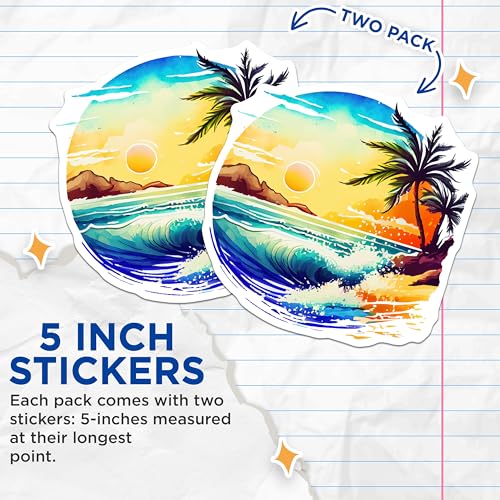 (2 Pack) Tropical Beach Stickers - Watercolor Art - Summer Vibes - 5" On Longest Side - Sticks to Smooth Flat Surfaces - Made in USA - BMCS9267
